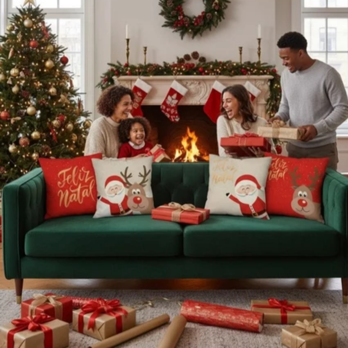 Kit 4 Capas Para Almofadas Natalinas Em Poliéster Premium