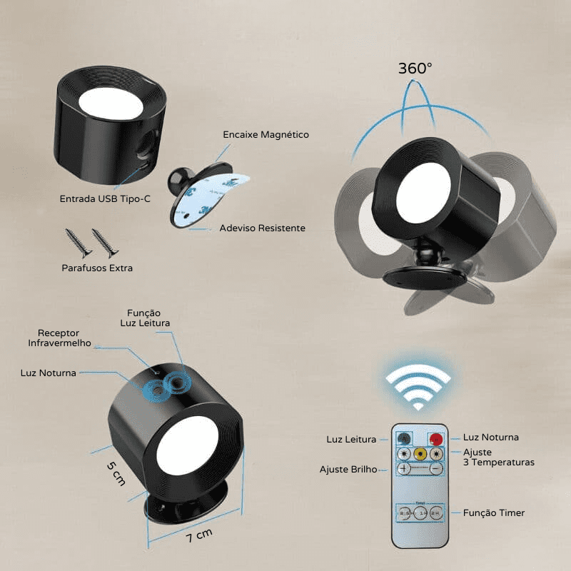 Arandela de Parede LED Bifocal Recarregável Compacta
