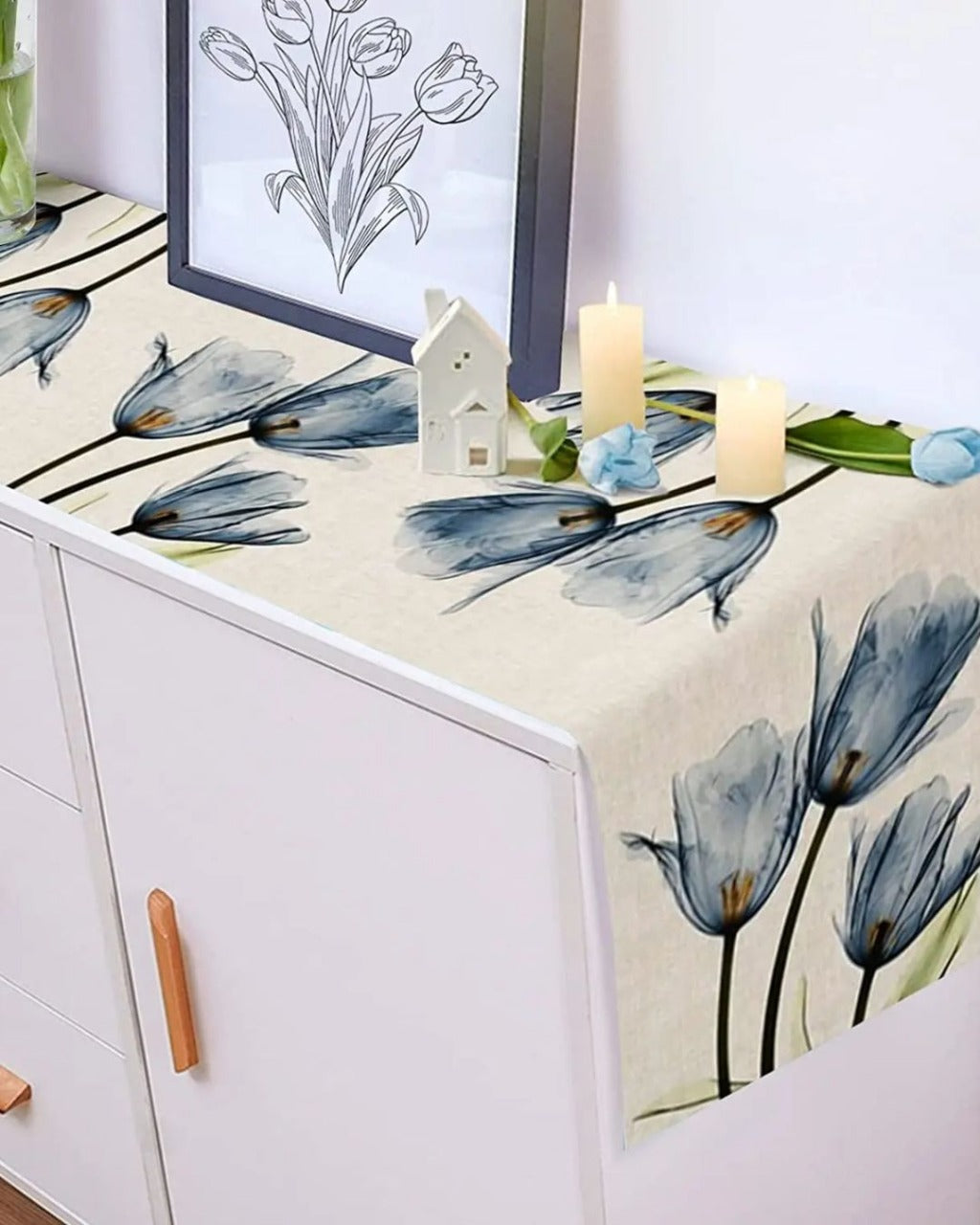 Caminho de Mesa de Linho com Estampa de Tulipa Artesanal