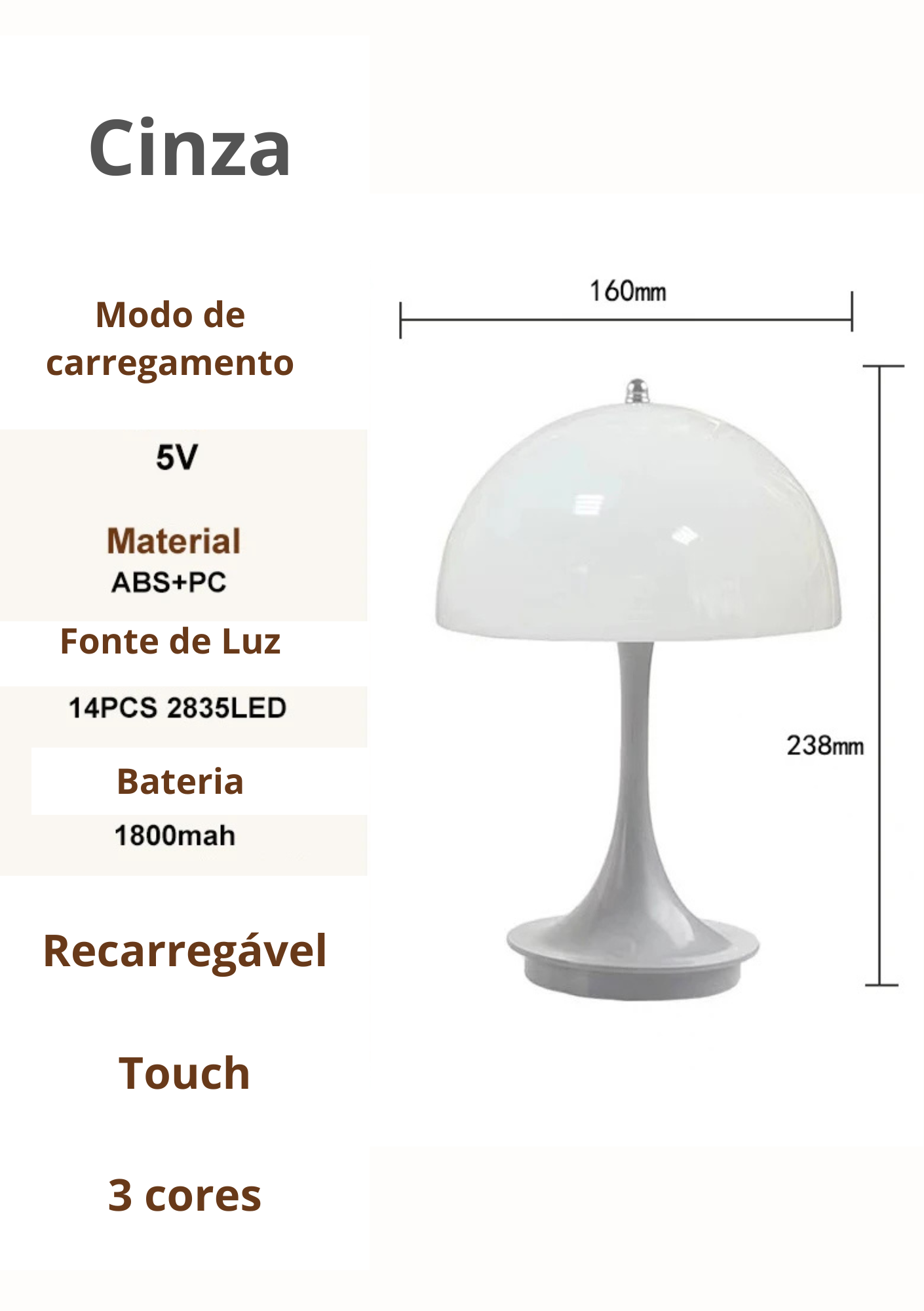 Luminária de Mesa Cogumelo LED Três Cores Compacta Moderna