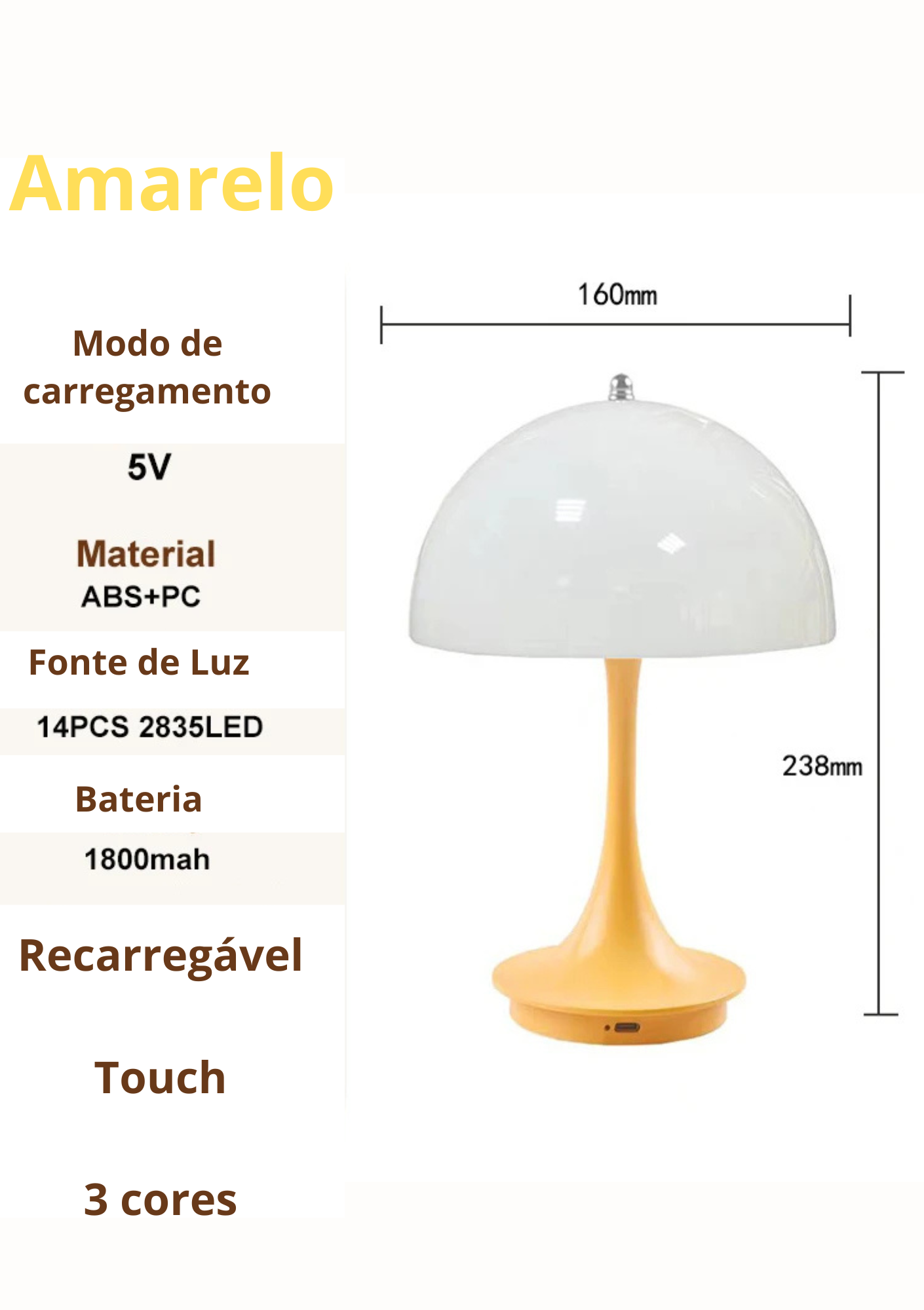 Luminária de Mesa Cogumelo LED Três Cores Compacta Moderna
