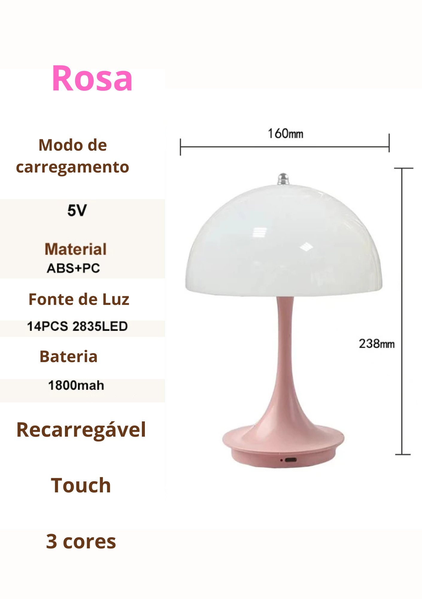 Luminária de Mesa Cogumelo LED Três Cores Compacta Moderna