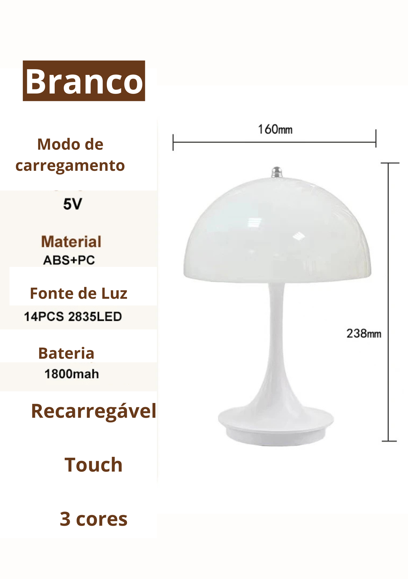 Luminária de Mesa Cogumelo LED Três Cores Compacta Moderna