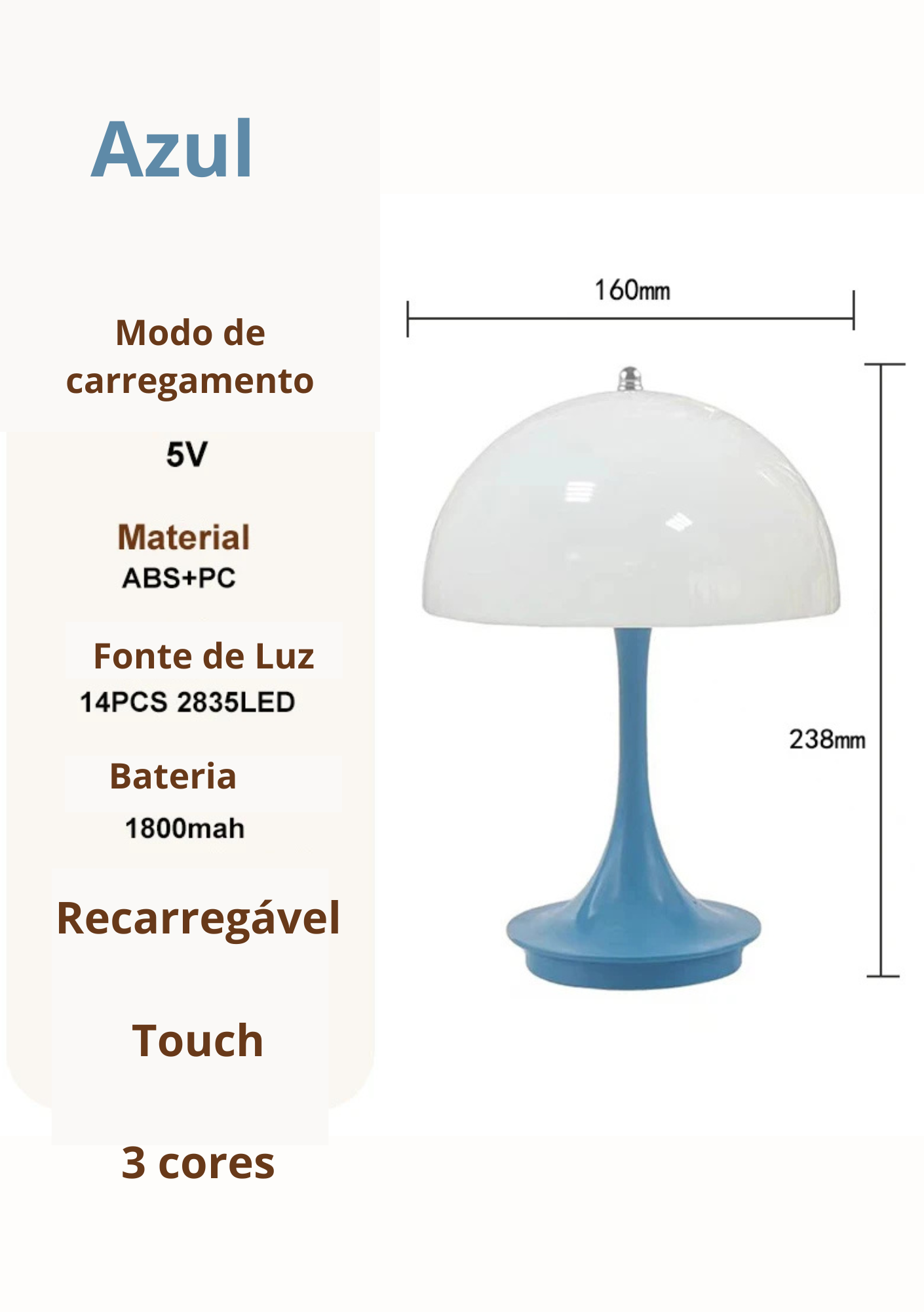 Luminária de Mesa Cogumelo LED Três Cores Compacta Moderna