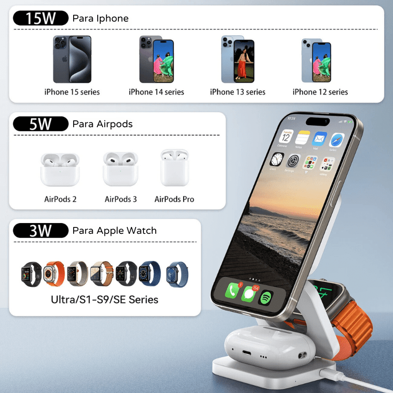 Carregador Triplo Por Indução com Suporte Ajustável