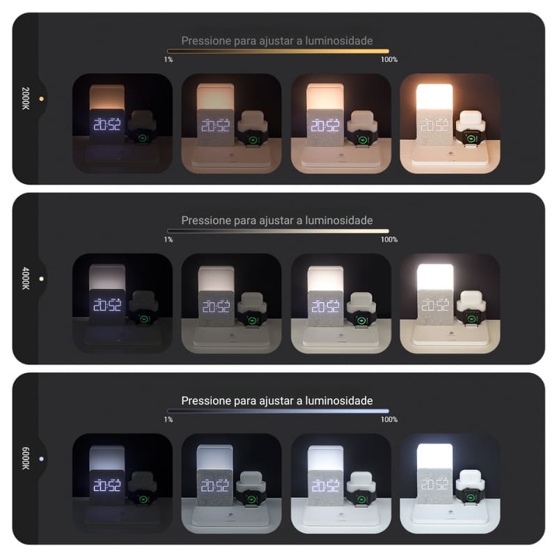 Luminária de Mesa com Carregador por Indução e Despertador