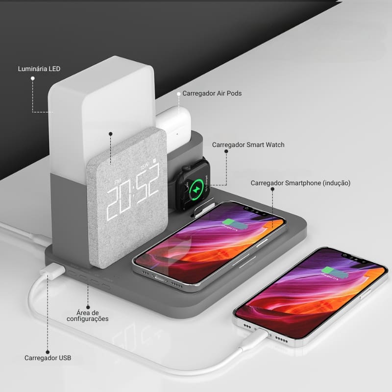 Luminária de Mesa com Carregador por Indução e Despertador