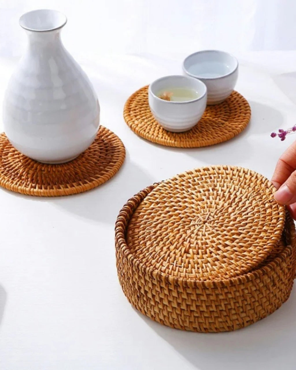 Conjunto de Descansos de Copo em Rattan Natural Artesanal