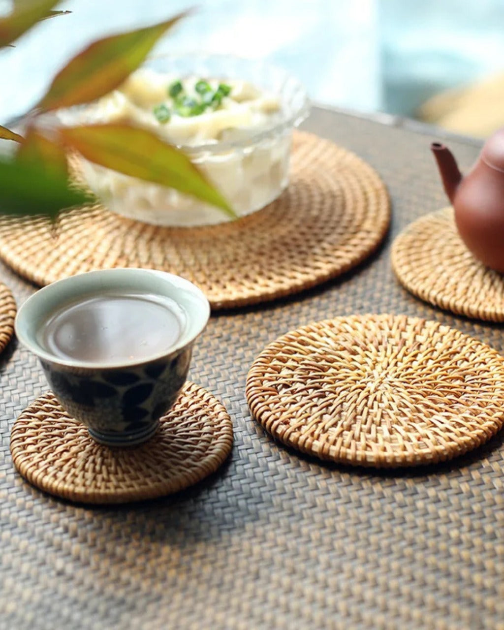 Conjunto de Descansos de Copo em Rattan Natural Artesanal