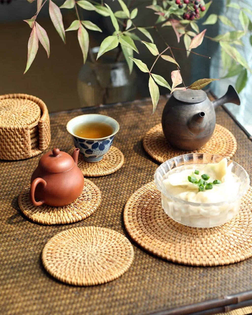 Conjunto de Descansos de Copo em Rattan Natural Artesanal