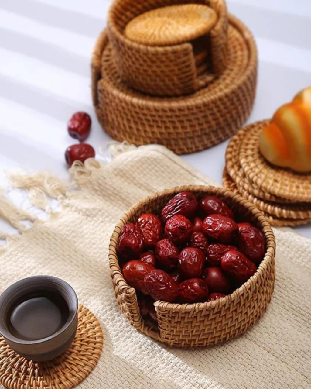 Conjunto de Descansos de Copo em Rattan Natural Artesanal