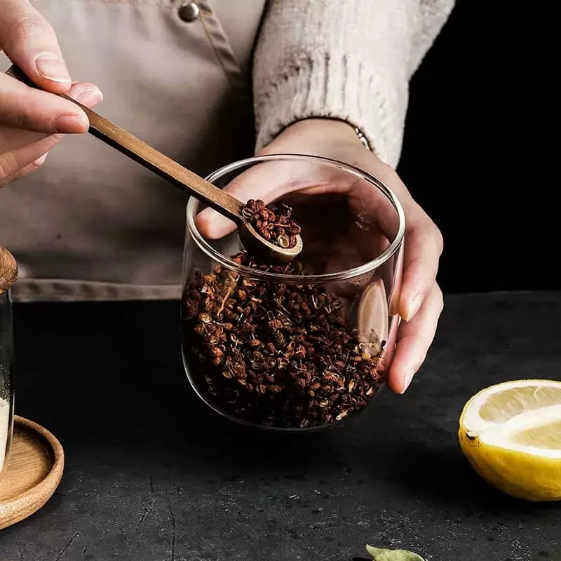 Conjunto de Potes de Vidro com Tampa de Madeira e Colher