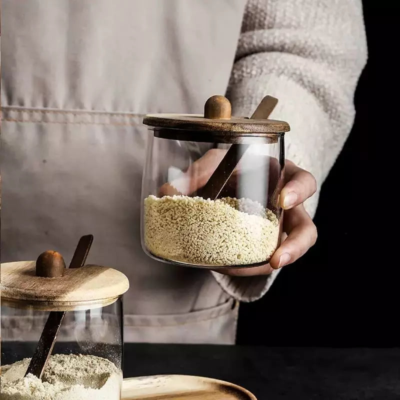 Conjunto de Potes de Vidro com Tampa de Madeira e Colher