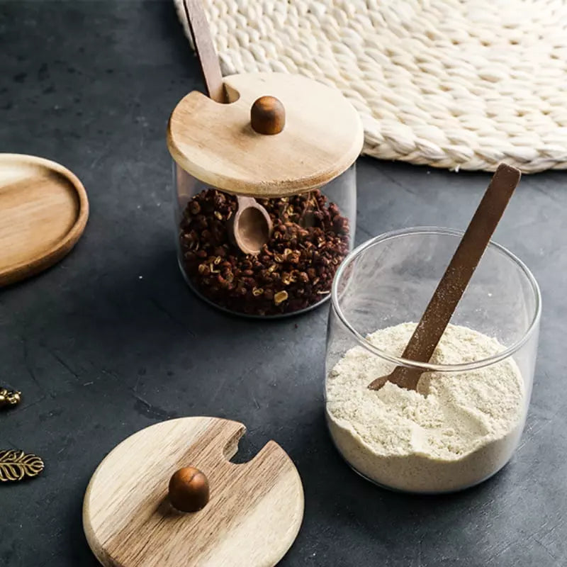 Conjunto de Potes de Vidro com Tampa de Madeira e Colher