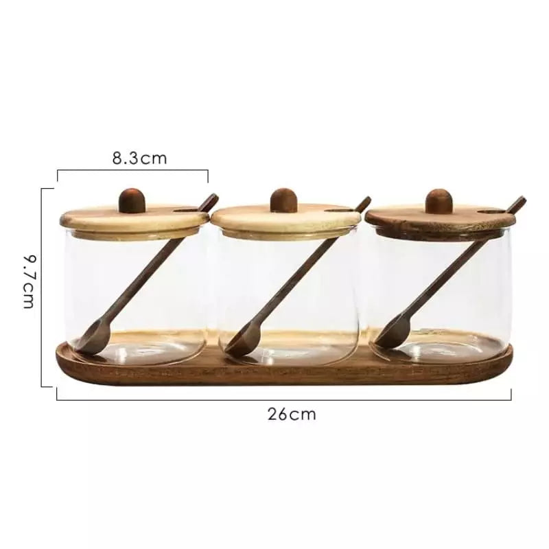 Conjunto de Potes de Vidro com Tampa de Madeira e Colher