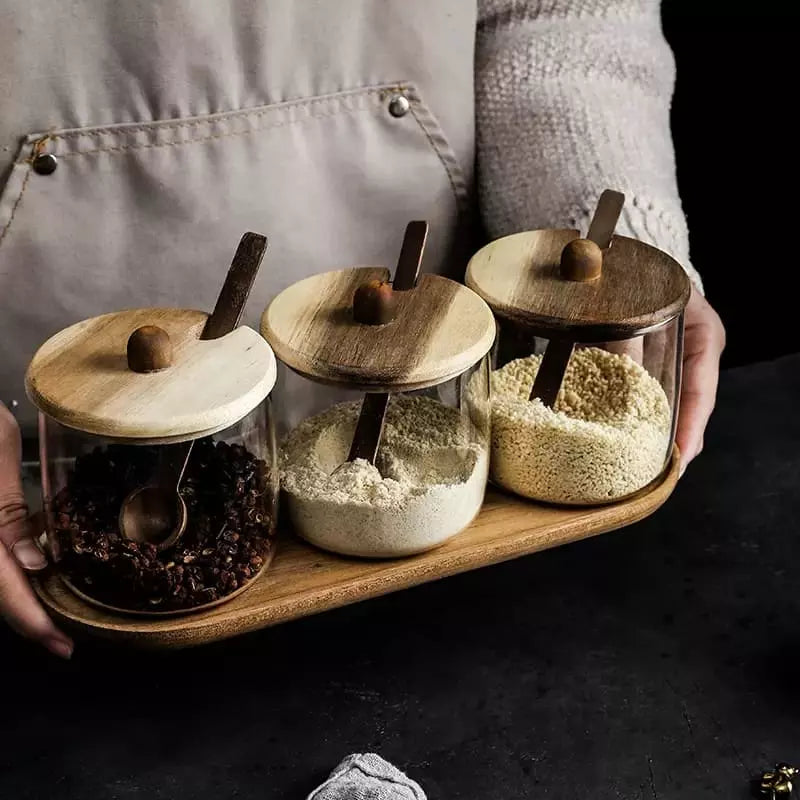 Conjunto de Potes de Vidro com Tampa de Madeira e Colher