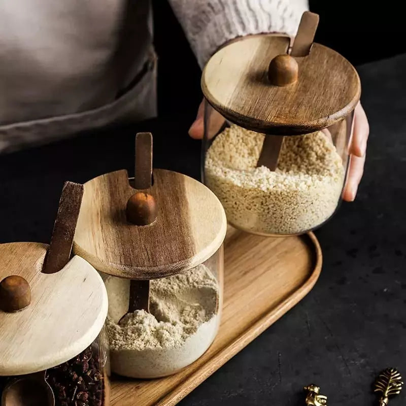 Conjunto de Potes de Vidro com Tampa de Madeira e Colher