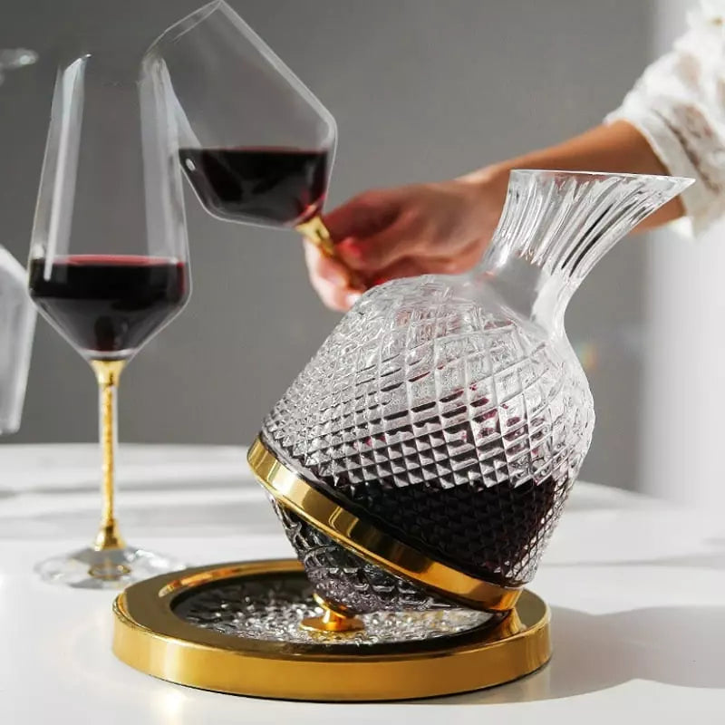 Decanter De Vinho Em Vidro Cristal Rotativo Com Eixo Inox