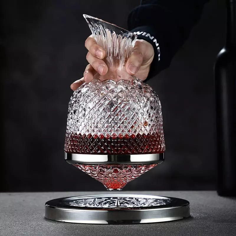 Decanter De Vinho Em Vidro Cristal Rotativo Com Eixo Inox