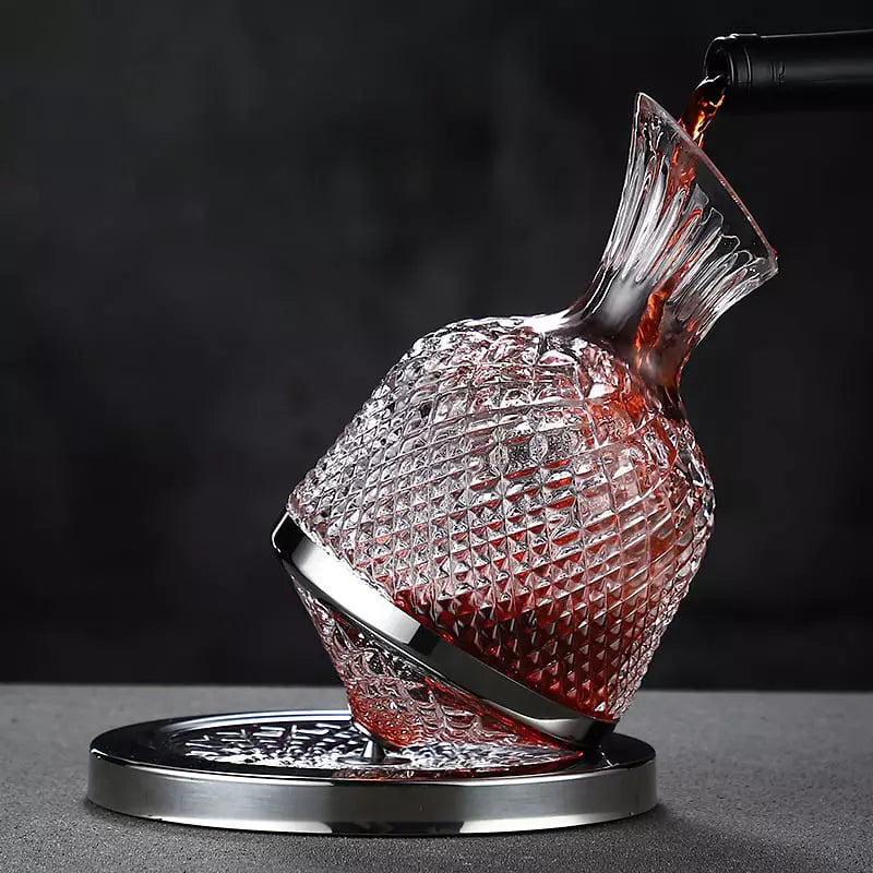 Decanter De Vinho Em Vidro Cristal Rotativo Com Eixo Inox