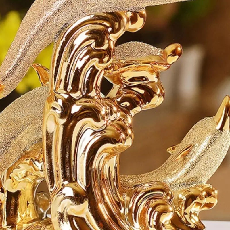 Estátua de Golfinhos em Cerâmica Dourada Brilhante para Mesa
