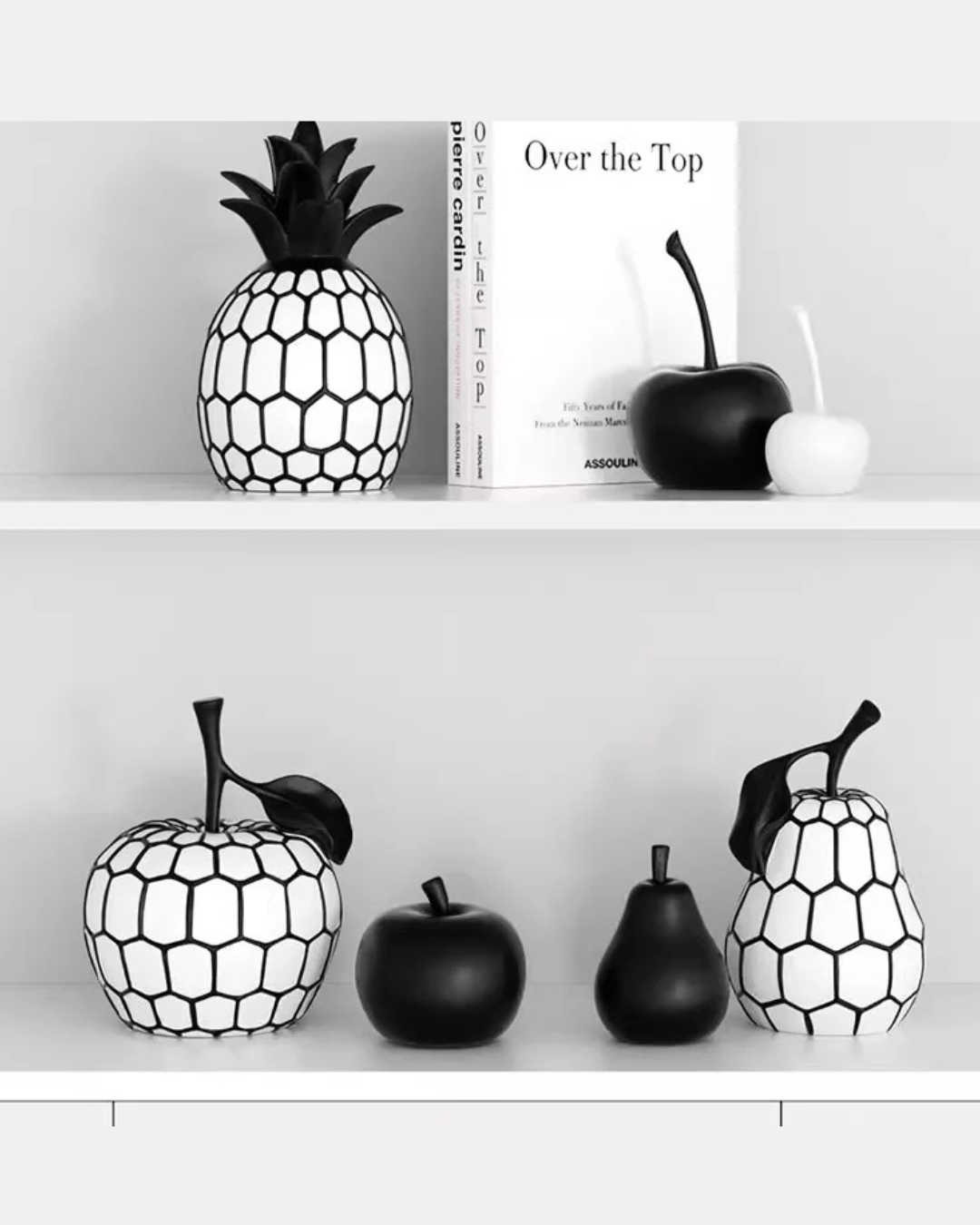 Estátua de Frutas em Resina Preta e Branca Minimalista