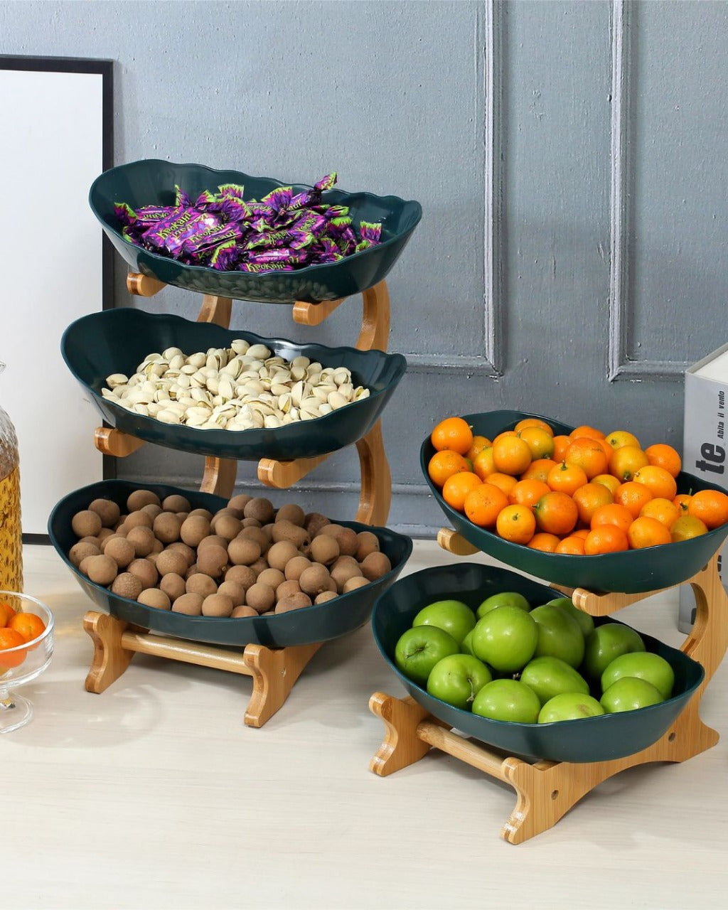 Fruteira 2 ou 3 Camadas em Bambu com Bandejas Plásticas