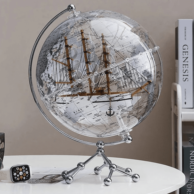 Globo Terrestre Transparente Com Base Metálica