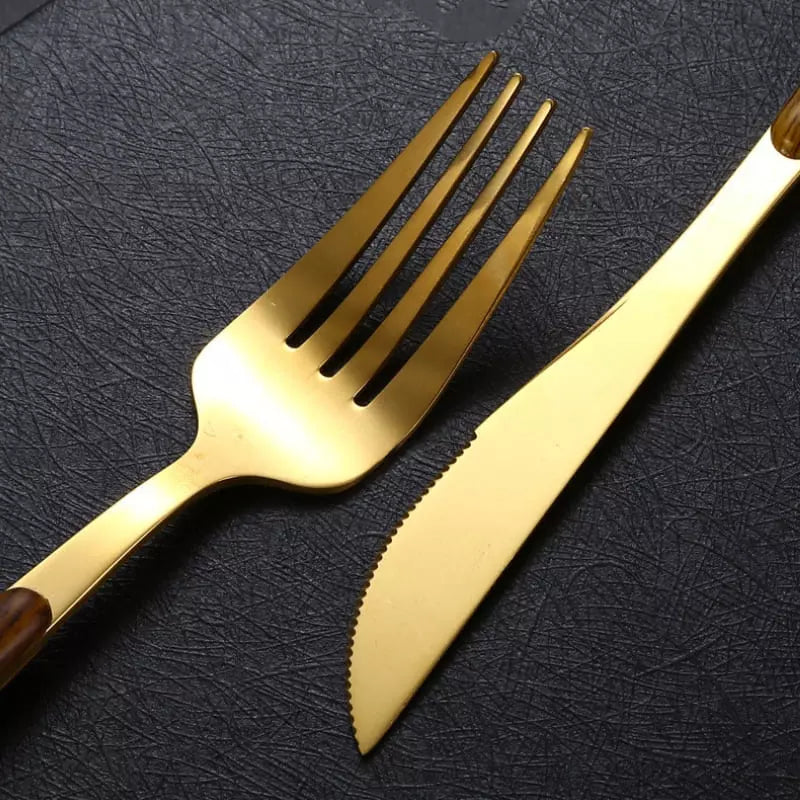 Jogo de Talheres em Aço Inox 30 Peças com Cabo Madeira