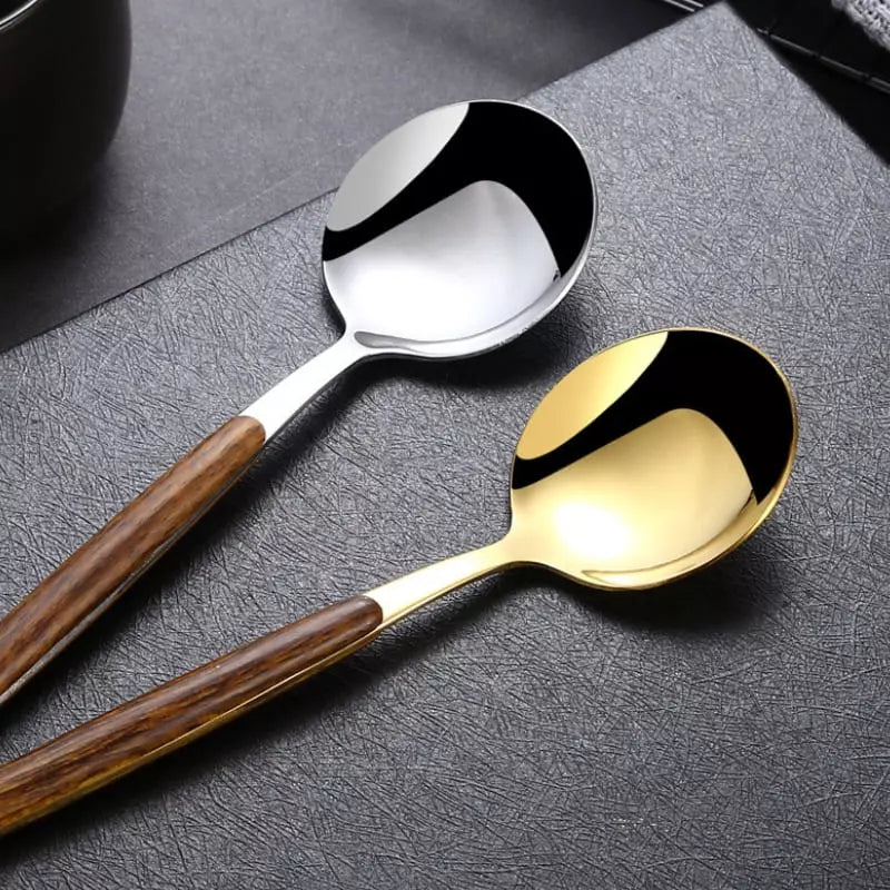 Jogo de Talheres em Aço Inox 30 Peças com Cabo Madeira