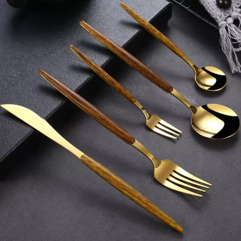 Jogo de Talheres em Aço Inox 30 Peças com Cabo Madeira