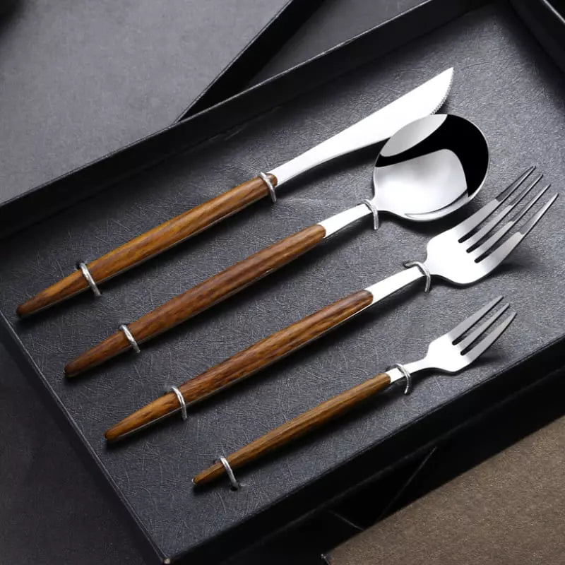 Jogo de Talheres em Aço Inox 30 Peças com Cabo Madeira