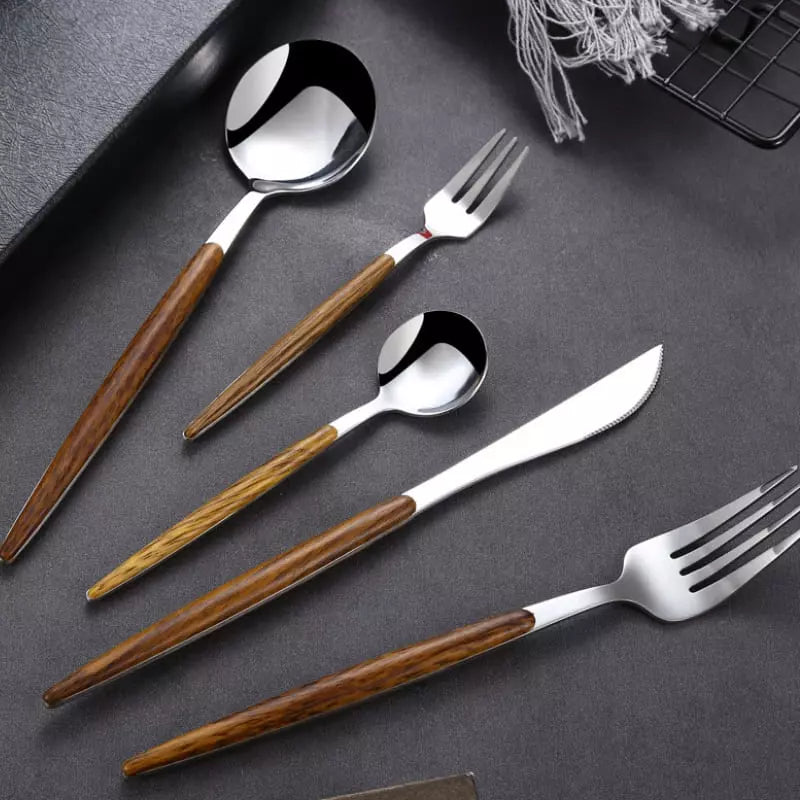 Jogo de Talheres em Aço Inox 30 Peças com Cabo Madeira