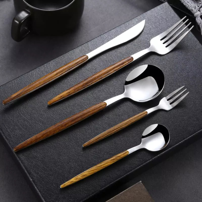 Jogo de Talheres em Aço Inox 30 Peças com Cabo Madeira