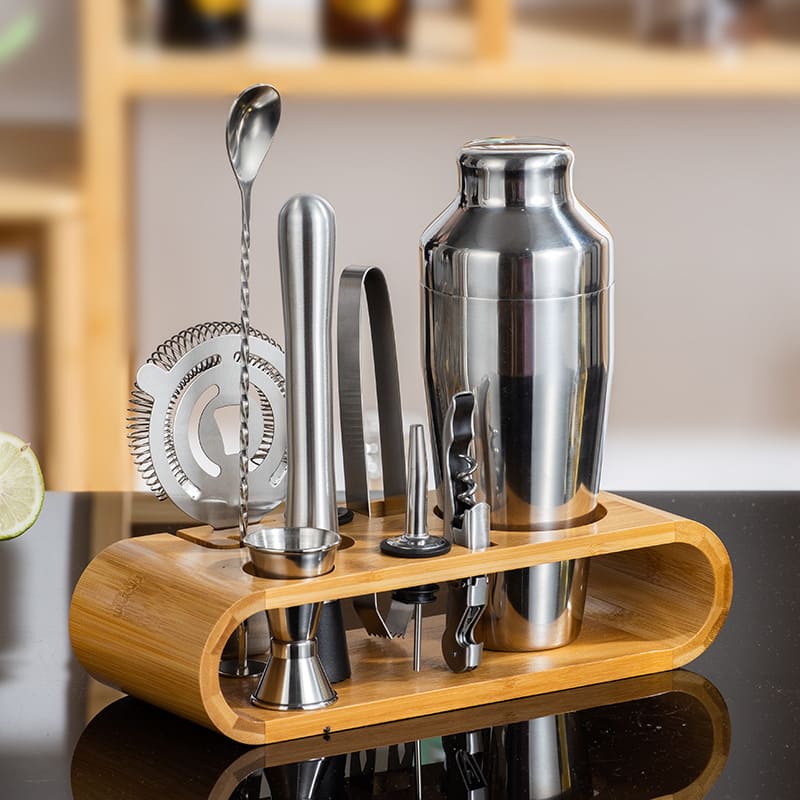 Kit Coqueteleira Em Aço Inox Com Suporte De Madeira