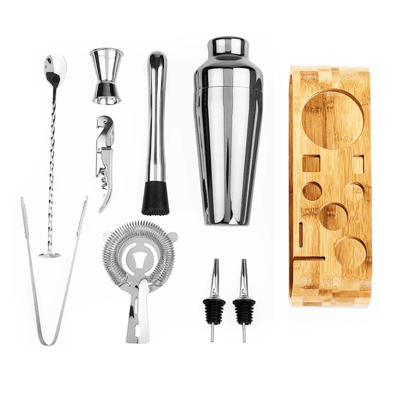 Kit Coqueteleira Em Aço Inox Com Suporte De Madeira