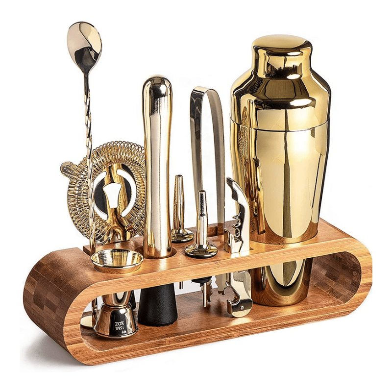 Kit Coqueteleira Em Aço Inox Com Suporte De Madeira