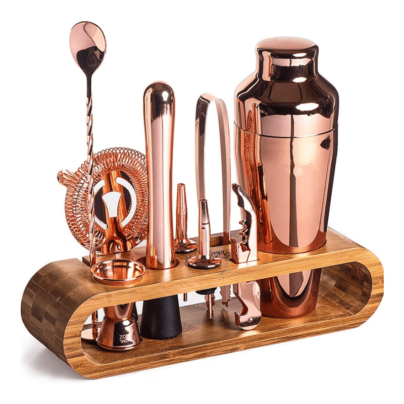 Kit Coqueteleira Em Aço Inox Com Suporte De Madeira