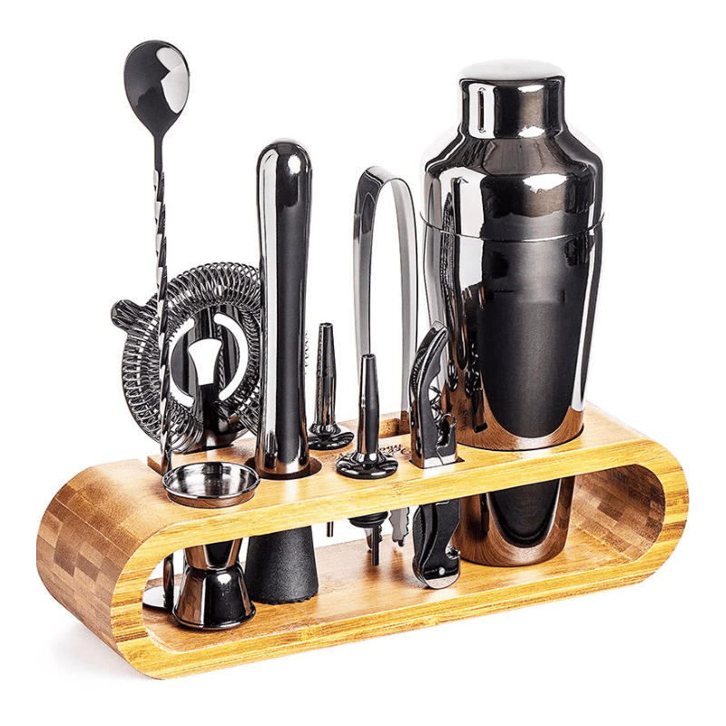 Kit Coqueteleira Em Aço Inox Com Suporte De Madeira