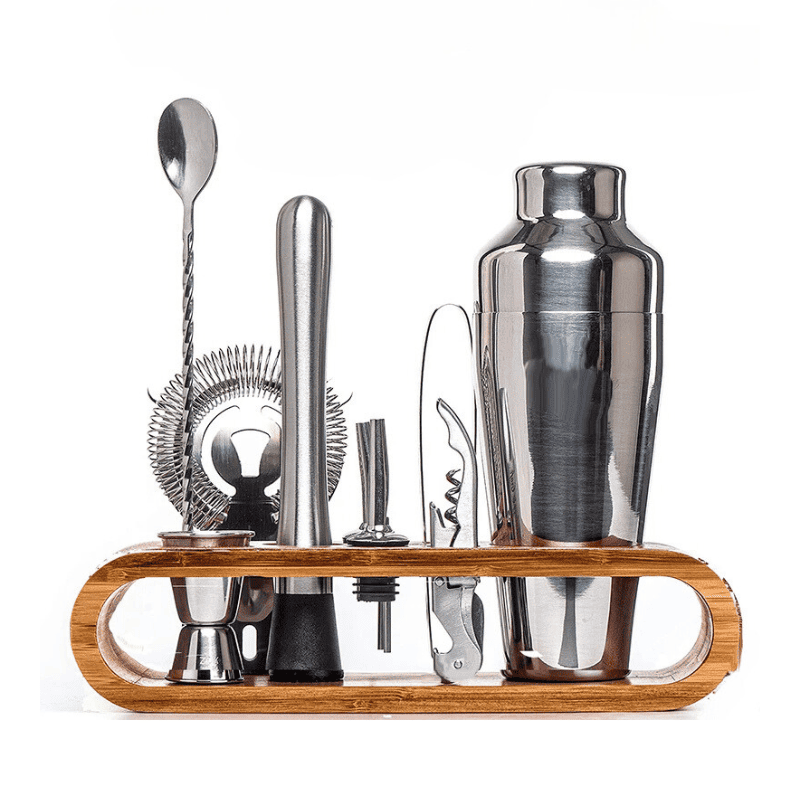 Kit Coqueteleira Em Aço Inox Com Suporte De Madeira