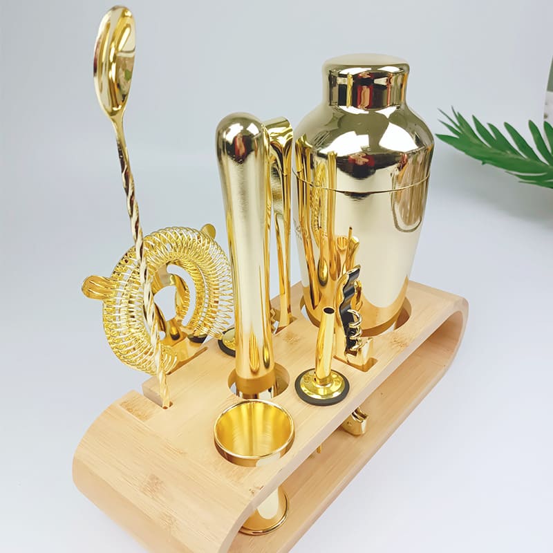 Kit Coqueteleira Em Aço Inox Com Suporte De Madeira
