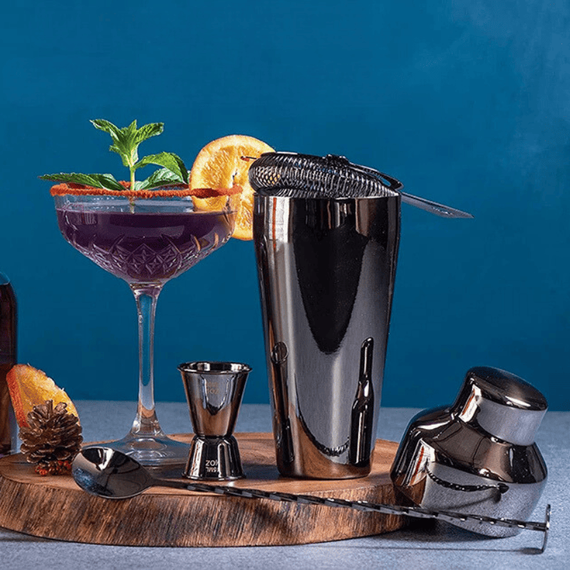 Kit Coqueteleira Em Aço Inox Com Suporte De Madeira