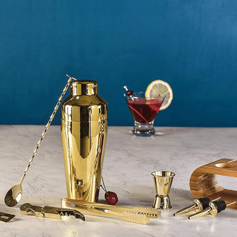 Kit Coqueteleira Em Aço Inox Com Suporte De Madeira