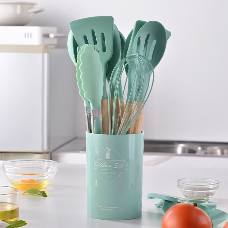 Kit de Utensílios em Silicone 14 Peças com Organizador