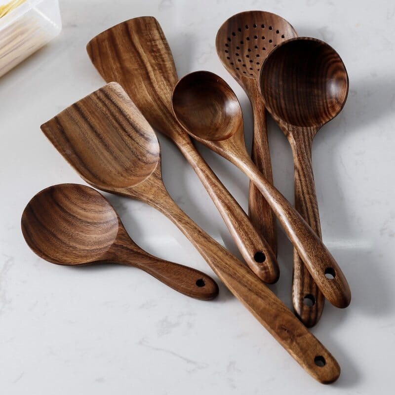 Kit Utensílios De Cozinha Em Madeira Teca - 7 Peças