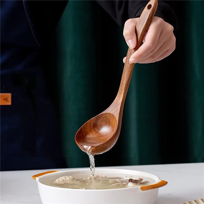 Kit Utensílios De Cozinha Em Madeira Teca - 7 Peças