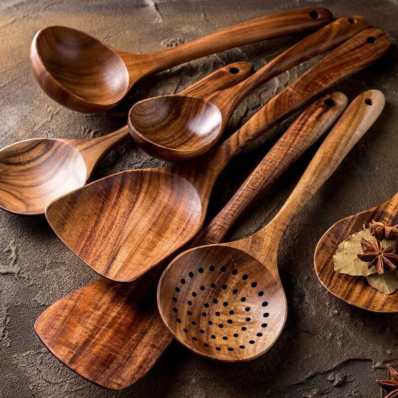 Kit Utensílios De Cozinha Em Madeira Teca - 7 Peças