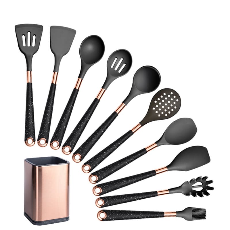 Kit Utensílios De Silicone 10 Peças Com Organizador Rosé