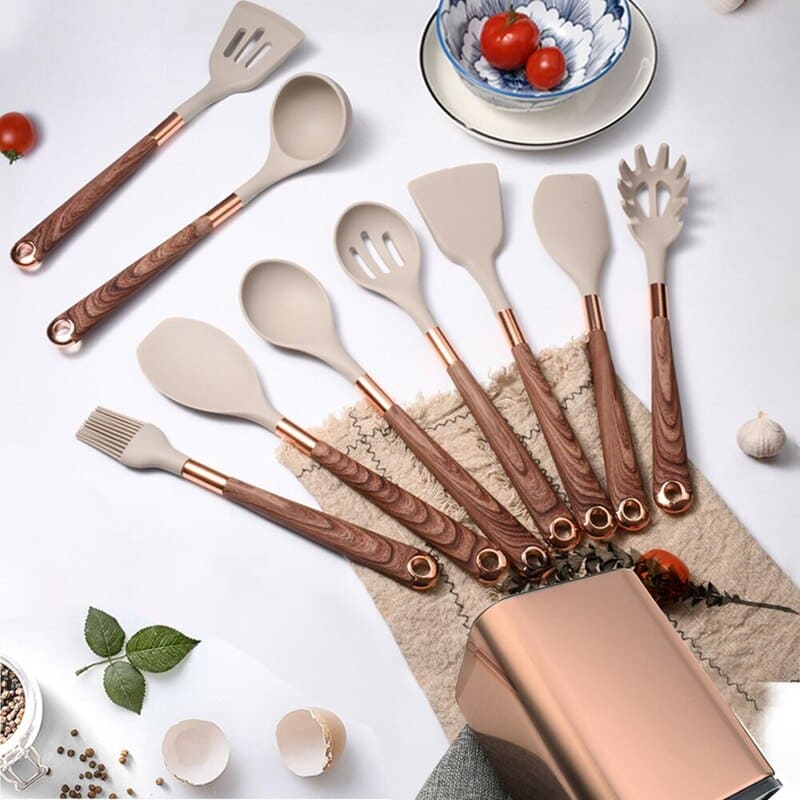 Kit Utensílios De Silicone 10 Peças Com Organizador Rosé
