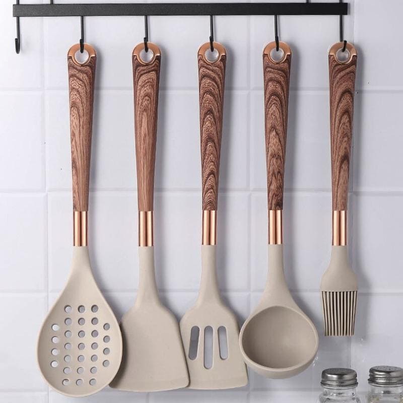 Kit Utensílios De Silicone 10 Peças Com Organizador Rosé